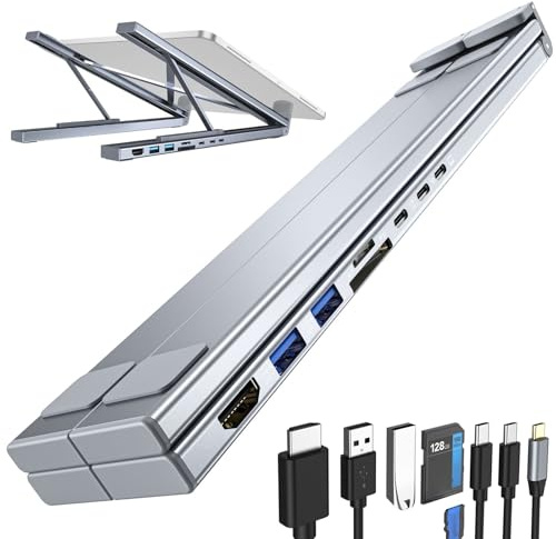 Civilized 8-in-1 USB-C Laptop Stand, USB C Laptop Docking Station, Hub 8 in 1 in alluminio con supporto regolabile per laptop, supporto pieghevole per tablet, Plug and Play per casa ufficio