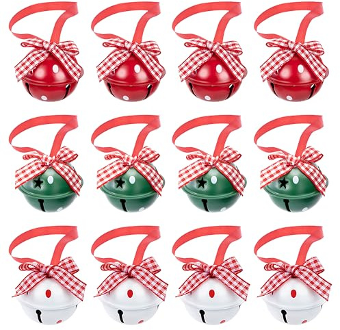 Campanellini di Natale, Set di 12 Campane Natalizi per Decorazione da Albero di Natale, Jingle Bells in metallo con fiocco, Appendere Addobbi per Feste, Decorativi fai da te