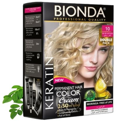 Tinte permanente BIONDA Professional Color Cream 10, rubio muy claro, 200 ml, pack doble, queratina y moringa, color intenso y duradero con brillo, cobertura 100% de canas