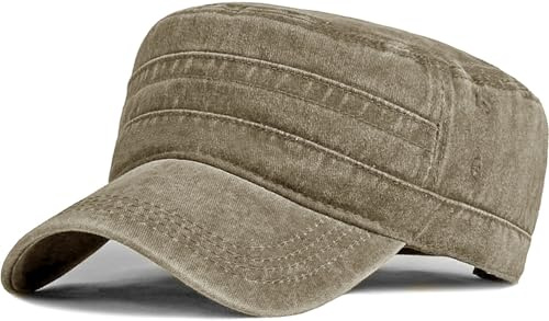HIQUACC Unisex Military Cadet Army Cap Washed Vintage Flat Top Hat Khaki