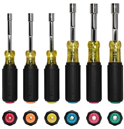 Klein Tools 65456MAGM Metric Magnetic Color-Coded Hollow-Shaft Nut Driver Set, 6-Piece, Heavy-Duty, Color-Coded Hex Sizes 6mm to 13mm, Cushion-Grip Handles, 6-Piece