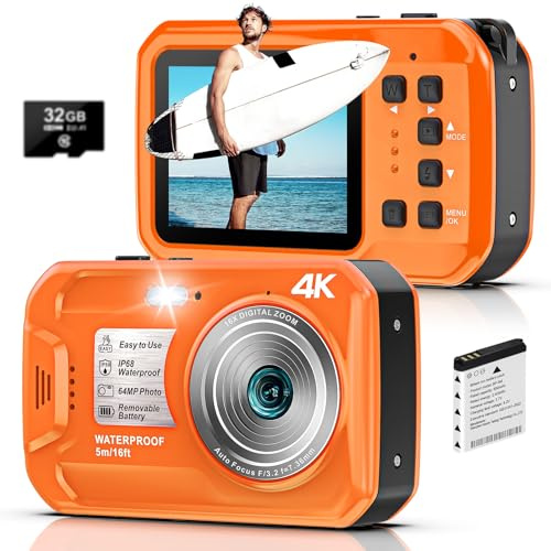 4K Underwater Camera, 64MP 16FT Waterproof Digital Camera with 32GB Card, Autofocus Floatable Waterproof Camera with IPS HD Screen, 16X Digital Zoom, Fill Light, for Snorkeling, Surfing, Orange