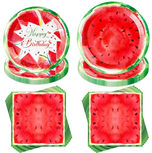 Juego de 40 piezas de vajilla de fiesta de sandía, paquetes de sandía, accesorios para fiesta temática de sandía, decoración de verano, fruta, postre, cumpleaños