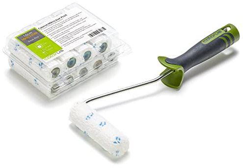 Lasur Set 11 tlg | 10 x Lasurrolle 10 cm 9 mm Flor | 1 x Steckbügel mit ergonomischen Griff | Mikrofaser Lasurwalze tropffrei, spritzfrei | Anti Spritz Roller, Heizkörperwalze | Streich-Set