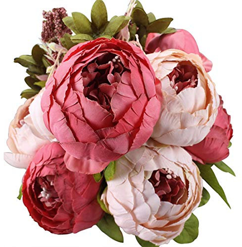 Veryhome Artificielle Faux en Plastique Pivoine Fleurs Bouquets De Mariage Décoration Maison Table Bus Cuisine Bureau Jardin Intérieur en Plein Air De Mariée Verdure Plantes Rose foncé Bourgeon