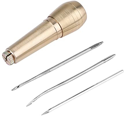 FTVOGUE Herramienta de Reparación de Calzado de Cuero Punzón de Costura afiladas y duraderas para DIY Costura Encuadernación de Cuero Libro, 3 Agujas Mango de Cobre