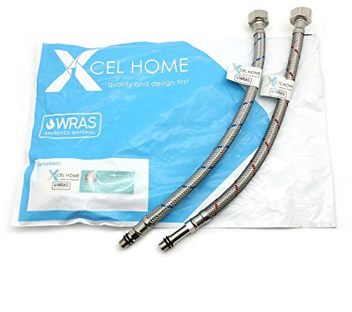 Xcel Home Connettore per tubo flessibile | tubo lavandino miscelatore monoblocco | Tubo intrecciato in acciaio inox | 10 mm (M10) x 1/2 BSP 300 mm di lunghezza, foro interno 9 mm - 1 coppia