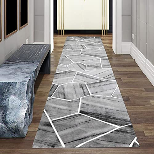 Teppich-Traum Modern kort lugg korridor matta med geometriskt mönster i grå gräddgrå, storlek 80 x 300 cm