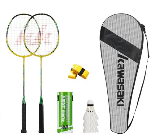 Kawasaki Badminton Schläger Set 2, Profi Badmintonschläger mit 3 Federbälle, 1 Schlägertasche, 2 Federballschläger für Sport und Unterhaltung - Gelb/Grün
