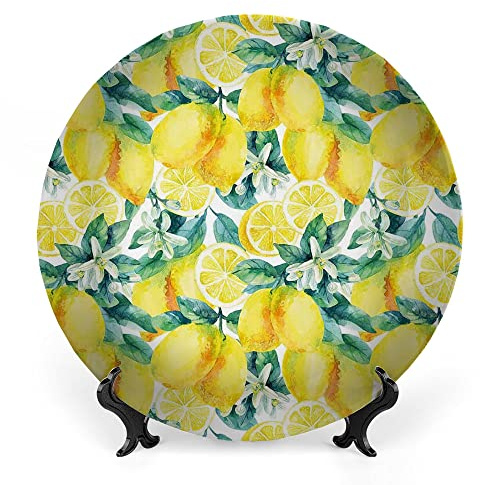 LIGUTARS Decorative Plates, Modern Print Ornament, Lemon Citrus Branches Watercolor, 6 Inch, Kitchen Wall Decor, Forest Green Yellow