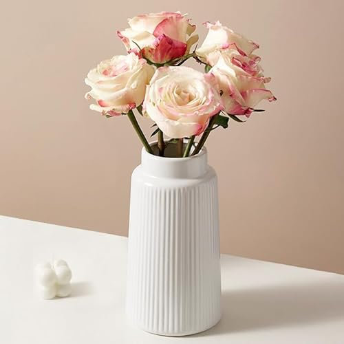 White Vase, Ceramic Ribbed Small Vase for Pampas Grass, Flower Vase for Modern Living Room Decor, Decorative Vase for Weddings Decoration, Home Decor - 8 Inch / 20 CM