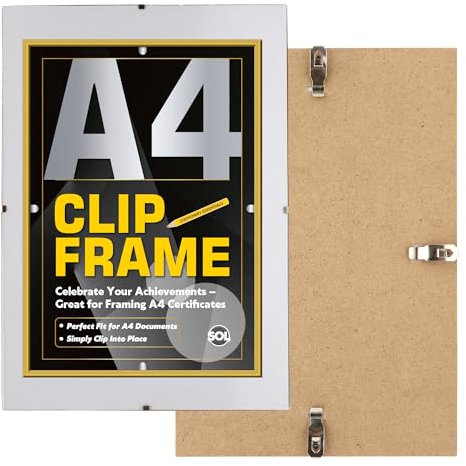 SOL 1pk A4 Clip Frame - Frameless Photo, Poster & Certificate Display, Clear Non-Glass Shatter-Resistant Modern Frame, Sleek Durable Metal Clips for Home & Office