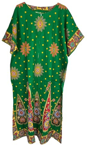 Kiran Fashion Vestido largo de caftán para mujer, 100% algodón, estampado étnico, para playa, talla única, verde, talla única
