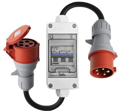 dé CEE Adapter 32A Stecker auf 16A Kupplung mit Leitungsschutzschalter [3-phasig, 400V], 5-Poliger Starkstrom Adapter 32A auf 16A mit Schutzart IP44