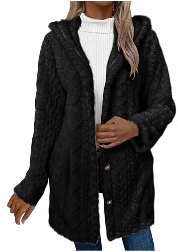 OVARA Womens Fluffy Thick Cardigans with Hood Winter Fleece Jacket Longline Outdoor Thermal Long Sleeve Fuzzy Wool Coats Plus Size Casual Elegant Ladies Overcoat Long Cardigan Black