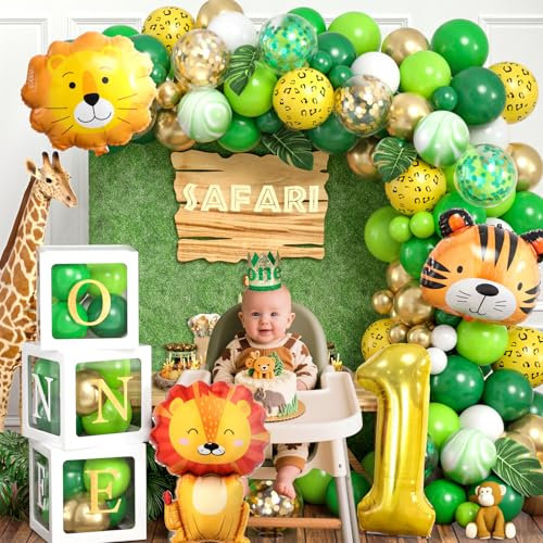 Dschungel Deko 1. Geburtstag Junge Mädchen Wild One Geburtstag Deko mit Ballonbox Geburtstagskrone Grün Luftballons Girlande Safari Kindergeburtstag Deko Baby Shower Baby Party Geburtstagsparty Deko