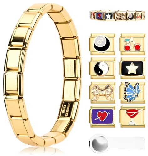 Ouxayapl Italian Charm Bracelet Set di bracciali fai da te con moduli rimovibili per braccialetti 9 mm, charms italiani in oro con strumento di apertura