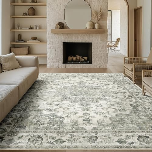 HUGEAR Vintage Grön Vardagsrum Matta 200x300cm Halkfri Stor Mattor | Tvättbar,Sovrumsmatta Stor Rug,Sovrum,Kort Lugg Carpet,Matsal Rugs,Kontor Carpet,Barnrum,Inomhusbruk Golvmatta
