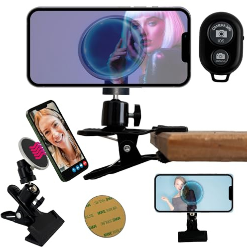 TronicXL Soporte de sujeción para Apple Magsafe iPhone Smartphone Smartphone Klemmstativ mit Bluetooth Fernbedienung Auslöser I Handyhalterung Handy Klemme Schreibtisch Outdoor Sport