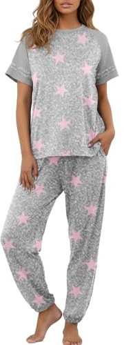 PrinStory Women's Pyjama Set Nightwear Summer Pajama Set Crew Neck Loungewear Tops and Pants with Pockets Pjs