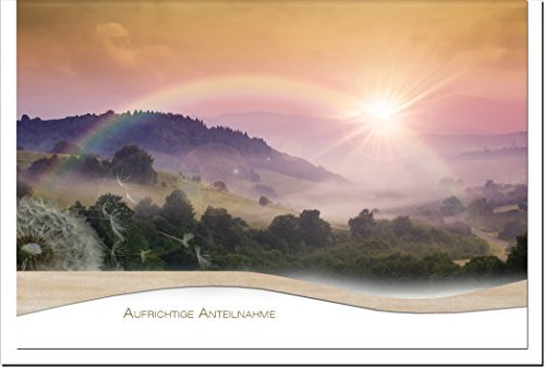 metALUm XXL Trauerkarte A4 Doppelkarte Klappkarte ohne Innentext mit weißem Umschlag – Motiv Sonnenaufgang mit Regenbogen – Aufrichtige Anteilnahme