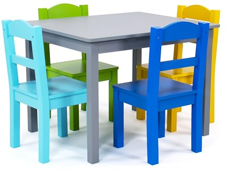 Humble Crew Mesa Cuadrada Madera y 4 sillas Gris/Azul/Verde/Amarillo: diseño Alegre, Segura niños, fomenta Juego, Montaje rápido, Ideal pequeños