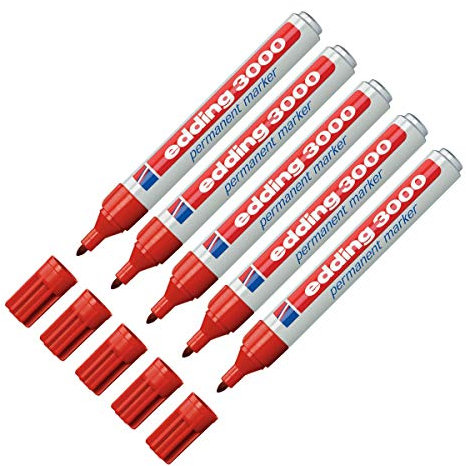 edding 3000 Permanentmarker (zur Beschriftung und Markierung von fast allen Oberflächen) - 5er Pack Rot - nachfüllbarer, wasserfester und lichtbeständiger Marker (5, Rot)
