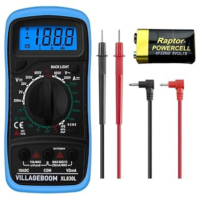Villageboom Multímetro Digital | Corriente | Voltaje | Resistencia | Continuidad | Diodos azul con batería de 9 voltios y cables de prueba