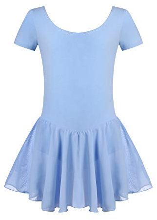 Untlet Ballettkleid Mädchen Kinder Kurarm Ballettanzug Ballett Trikot Kurzarm Body mit Chiffon Wickelrock Kinder Ballettkleidung Tanzkleid Tanzbody,Blau,150