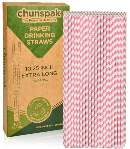 Biodegradable Pink Paper Straws for Drinking - 10 Inches Long, 0.24 Diameter, Pack of 100