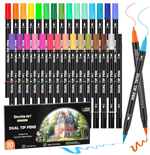 Shuttle Art Dual Tip Brush Pens Art Markers, 30 Colors Dual Tip Calligraphy Pens Fine and Brush Markers Set Perfect for Adult Artist Calligraphy Hand Lettering Journal Doodling Writing