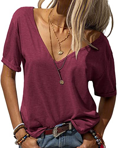 Danedvi Women Deep V-Neck Short Sleeve Tops Solid Casual Loose T Shirt