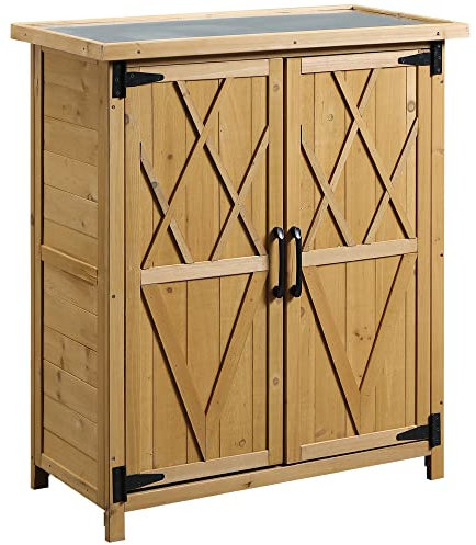 Outsunny Armario de Exterior de Madera 0,24 m² 75x40x90 cm Caseta de Jardín con 2 Puertas 4 Estantes y Techo de Galvanizado para Almacenamiento de Herramientas Natural