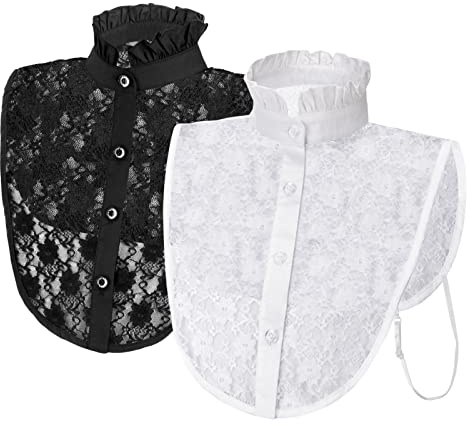 2 en 1 Collar Falso de Dama Blusa Media Camisa Cuello Falso de Encaje Desmontable Camisa OL Joker Decorativo Corbata con Puño Falsa Punta de Solapa Blanco&Negro para Mujer