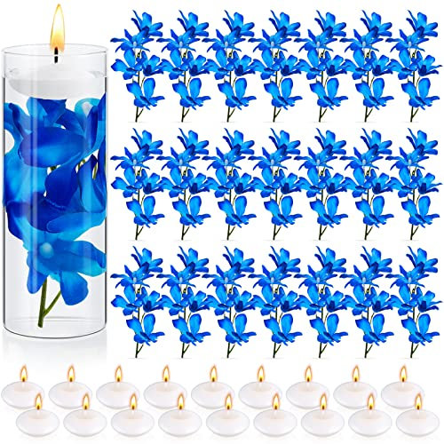 Hanaive 42 Pcs Blue Orchids Artificial Flowers Floating Candles Set