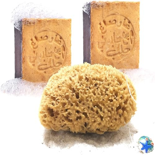 tom&pat® Gift Set • Natural Sponge & Aleppo Soap • Optimal Skin and Hair Care • Mediterranean Quality Greece • Dermatest Very Good • Bath Sponge (15-16 cm) • Aleppo Soap (2 x 200 g)