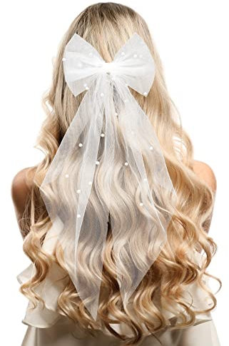 Braut Haarschleife Schleier Weißer Perlen Hochzeits Schleier mit Haarspange Kurze Schleife Tüll Haarschmuck für Damen Brautjungfern Junggesellenabschied Brautparty