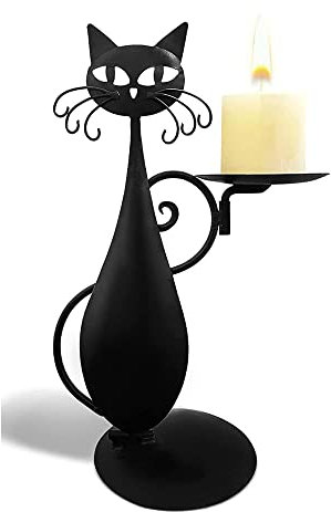 QLSKI Porta Candele,Portacandela gatto nero con vassoio, Portacandela tea light, Portacandela vintage, Decorazione gatto in metallo per la casa, Decorazione portacandela (Tipo 1)