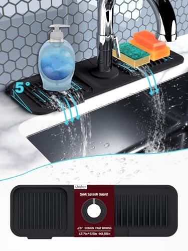 5°Slope Sink Splash Guard Behind Faucet -Black Silicone draining mat for Kitchen Sink -Handle drip Catcher Tray with soap Dispenser Hole -Organizer for Sink Accessories
