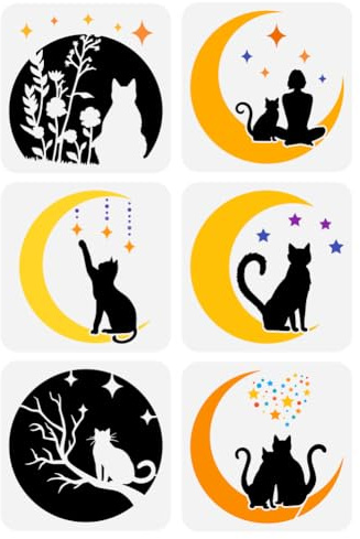 FINGERINSPIRE 6 plantillas de pintura con diseño de luna y gatos, 20 x 20 cm, silueta de gatos, flores, niñas, estrellas, plantilla, diseño de gato, plantilla para pintar en paredes de madera