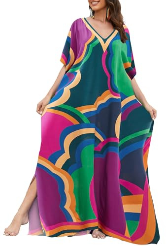 Bsubseach Kaftan Dresses for Women Long Swimsuit Cover Up Plus Size Beach Bathing Suit Resort Wear Colorful Clouds