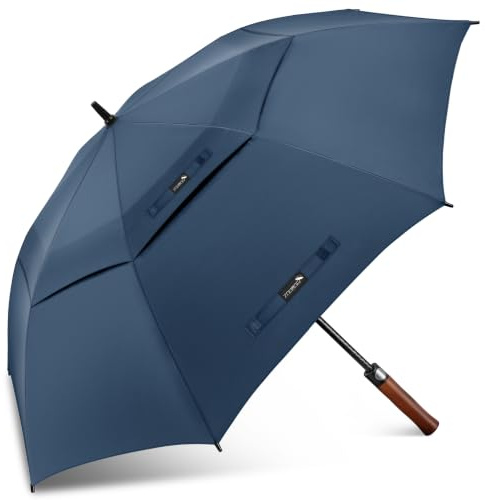 ZOMAKE Paraguas de Golf Grande - 157cm Paraguas de Golf Ventilado de Doble Cubierta para Hombre,Paraguas de Apertura Automática Muy Grande con Mango de Madera(Marineblauw)