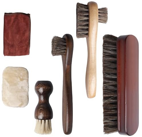PRITOK 6 Pack Shoe Brush Set: Leather Boots Brush Polish Brushes Kit Include 4 Pcs Horsehair Brushes, Shoes Buffing Cloth Glove and Buffing Cloth, Shoe and Boot Cleaning Brushes for Boots, Shoes