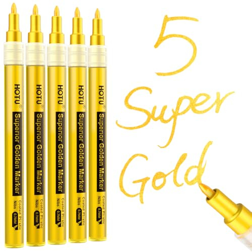 HOTU 5 Pack Super Gold Paint Marker - Metallic Gold Acrylic Paint Pens Glitter Extra Fine Tip 0.7 mm for Black Paper, Wood, Stone Painting, Glass, Fabric