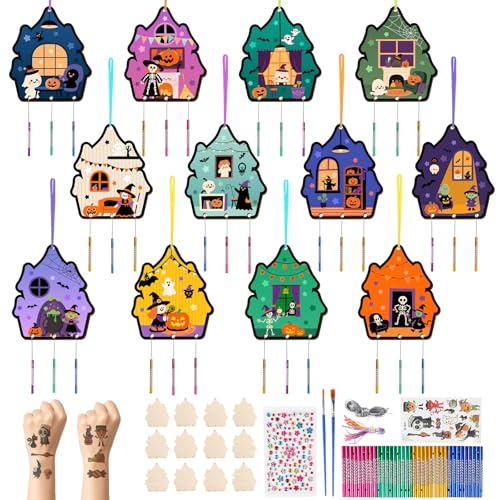 SRIZIAN 12 Pièces Kit Bricolage Carillon à Vent, Décoration d'Halloween en Bois à Peindre Kit de Bricolage en Bois pour Enfants