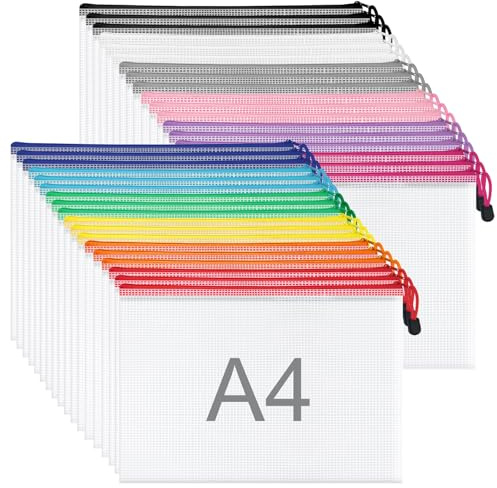WISYOK A4 Plastic Zip Wallets, 36pcs, 33x23cm, 12 Colours | Zip Lock Bags Mesh, Plastic Folders, Document Wallets, Zipper File Bags for Office, School, Travel, Home