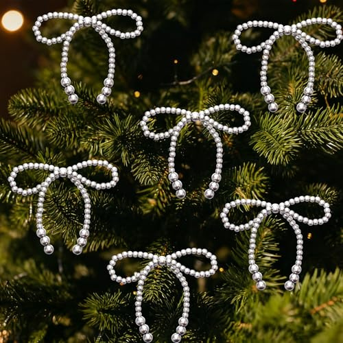 VioraWhite 12 Pcs Pearl Bow Ornaments Bowknot Tree Topper Decor Hanging Ornament Pendant Gift for Wedding Birthday Party Indoor Decoration (Silver)
