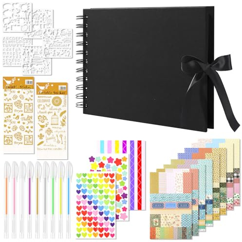 Scrapbook Photo Album, Personalised DIY Memory Book Kit 8.46 x 5.9 in | for Sticking and Writing, with 60 Black Pages, 9 Gel Pens and Stickers, for Wedding Anniversary Baby Gift (Black, DIY Kit)