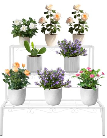 JUDEMII Scala portafiori in metallo a 3 livelli, scala per piante per esterni in metallo, scaffale per fiori da balcone, scaffale per piante con piedini antiscivolo, supporto per piante per interni ed
