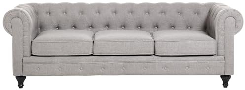 Beliani Sofá Chesterfield 3 plazas tapizado Gris Claro Brazos enrollados Estilo Tradicional Chesterfield